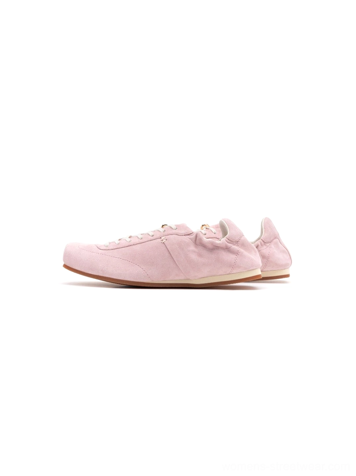 Light pink suede-look women's low-profile retro trainers with a sleek minimalist silhouette for soft streetwear styling