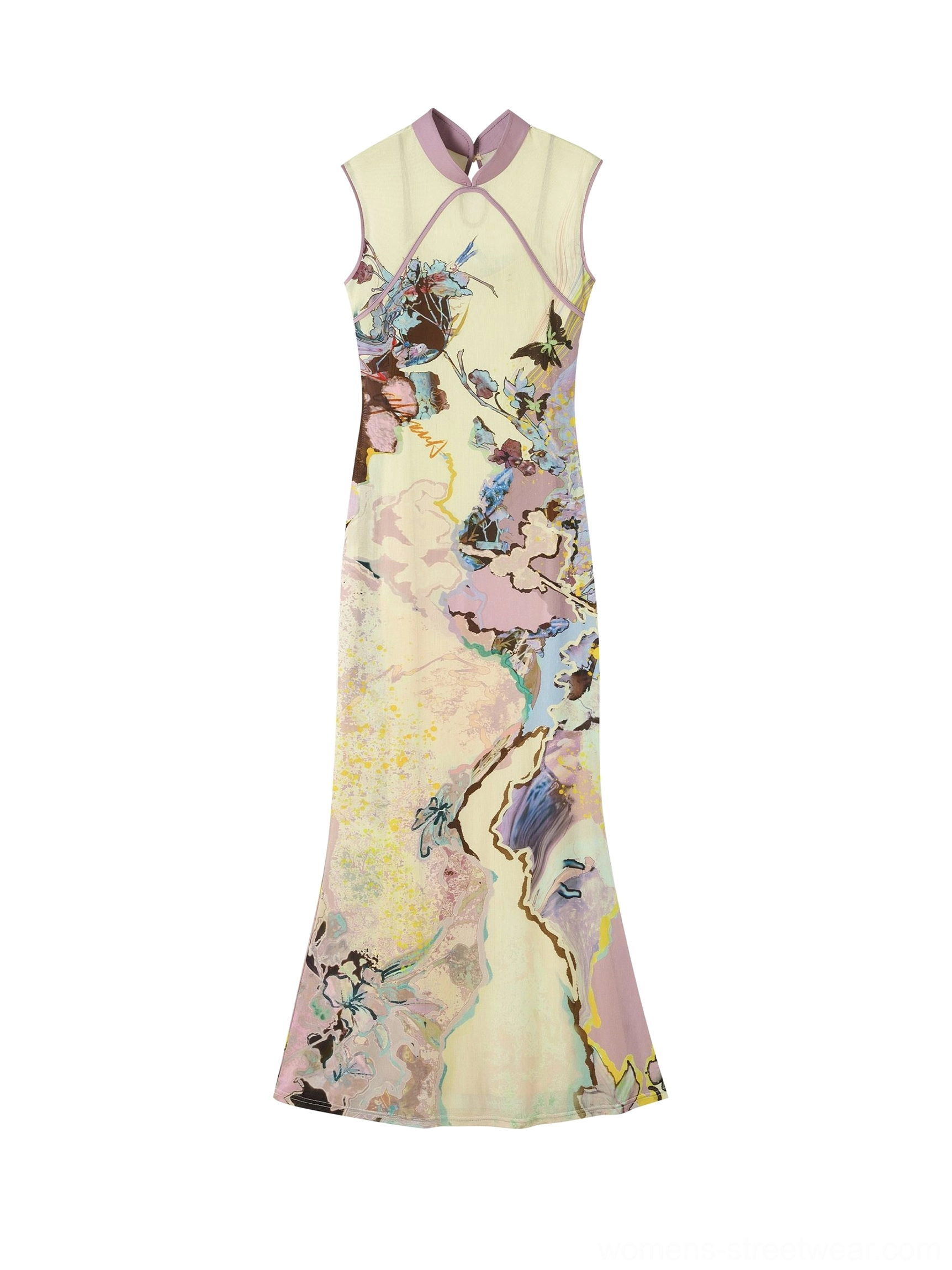 Flat lay view of a light purple beige watercolor floral print reversible mesh cheongsam dress with stand collar and fishtail hem