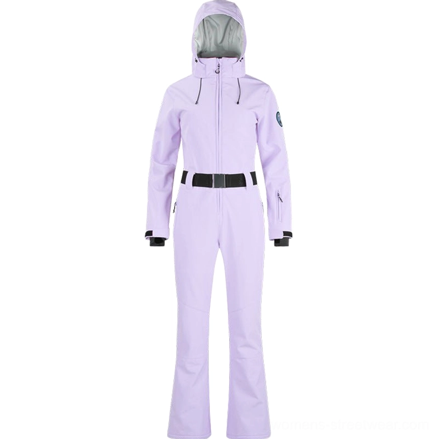 Light purple women's one-piece ski suit with hood contrast belt front zipper and flared pant legs