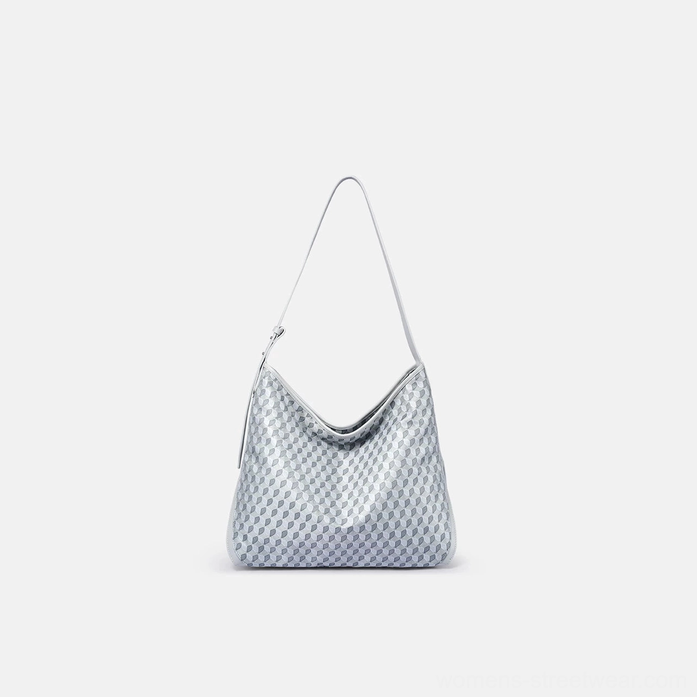 Light silver monogram patterned large slouchy hobo shoulder bag with matching gray strap