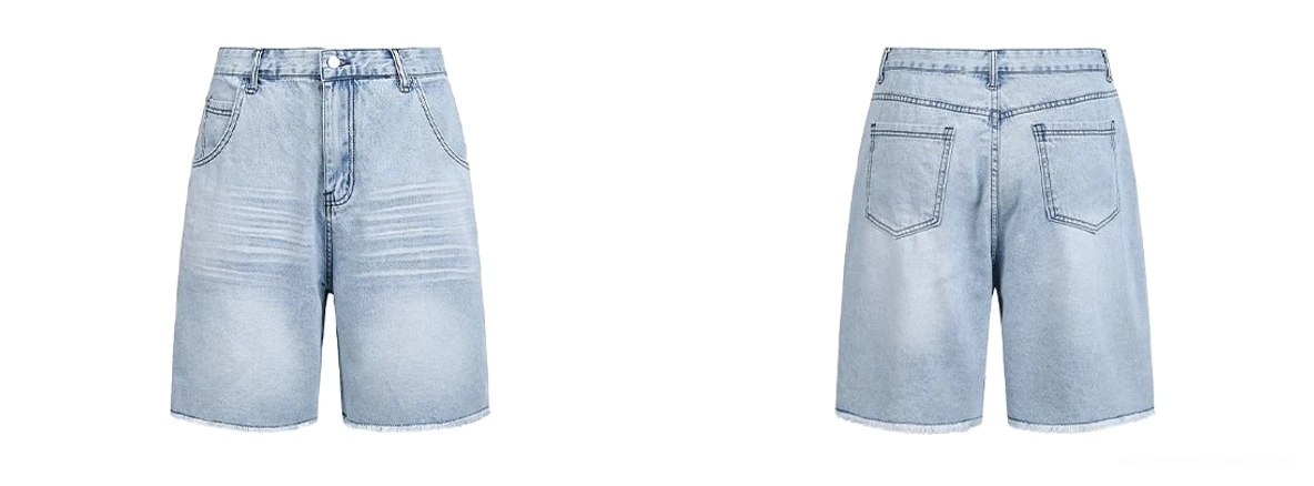 Flat lay front and back display of light wash denim Bermuda shorts with classic pockets, raw frayed hems, and relaxed streetwear fit