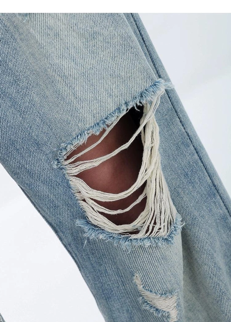 Light wash distressed high-waist wide-leg grunge jeans modern Korean streetwear styling product view
