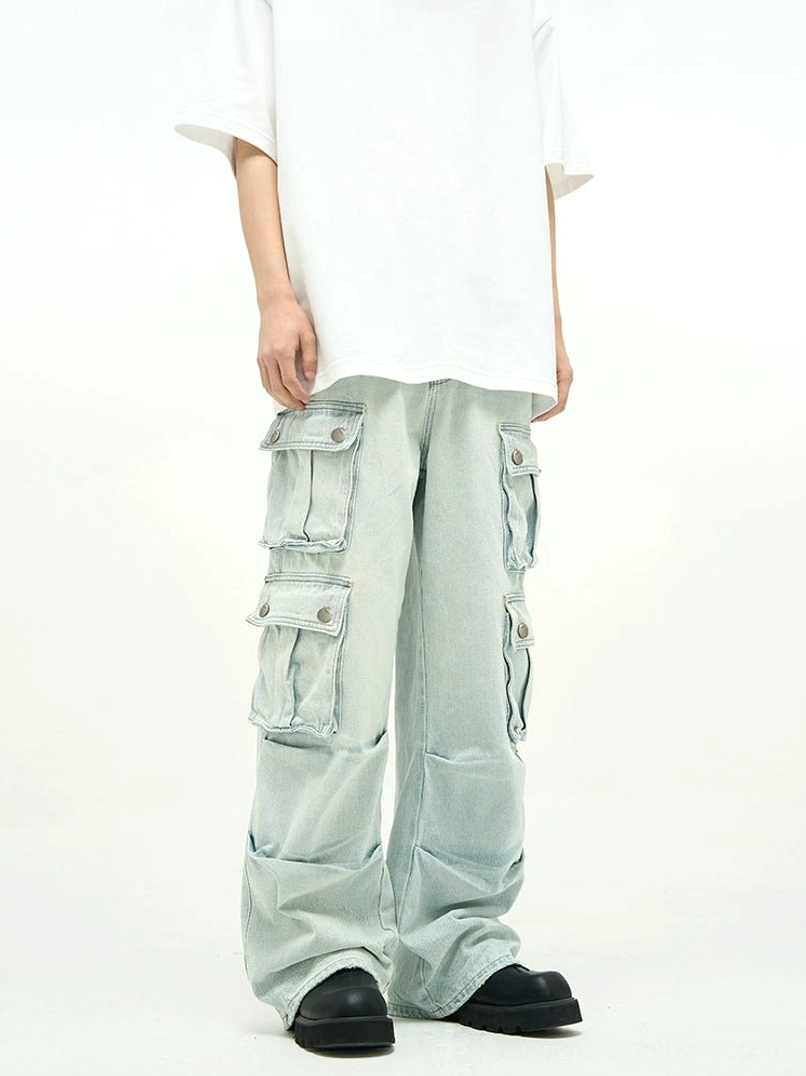 Light wash wide-leg cargo denim styled with an oversized white T-shirt, showcasing layered utility pockets and relaxed Korean streetwear proportions