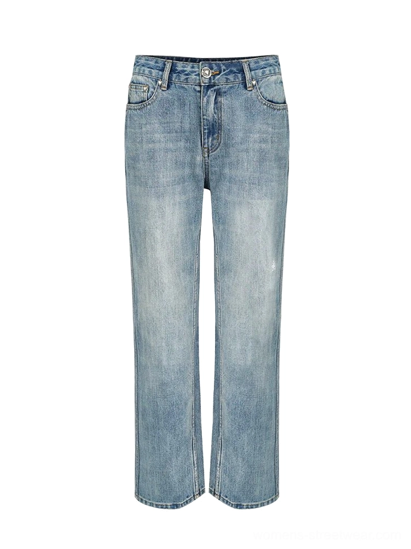 Flat-lay front view of light wash wide-leg denim jeans clearly displaying the waistband, pockets, faded blue finish, and full relaxed cut