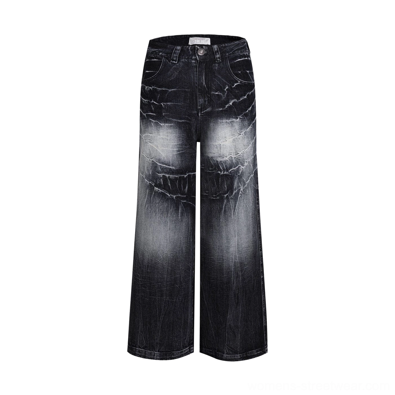 Lightning wash wide-leg denim jeans product detail for oversized streetwear and Y2K fashion styling