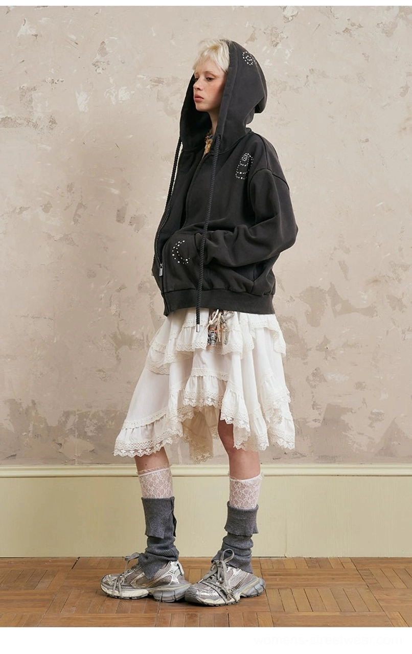 Lightweight hooded windbreaker and tiered lace midi skirt combination featuring sporty utility details and feminine Korean fashion accents