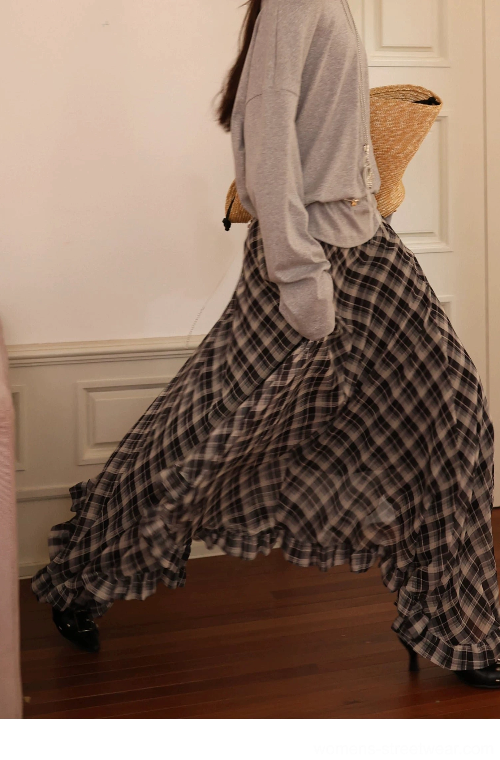 Lightweight plaid chiffon layered skirt with an uneven hem and contemporary Korean-inspired styling