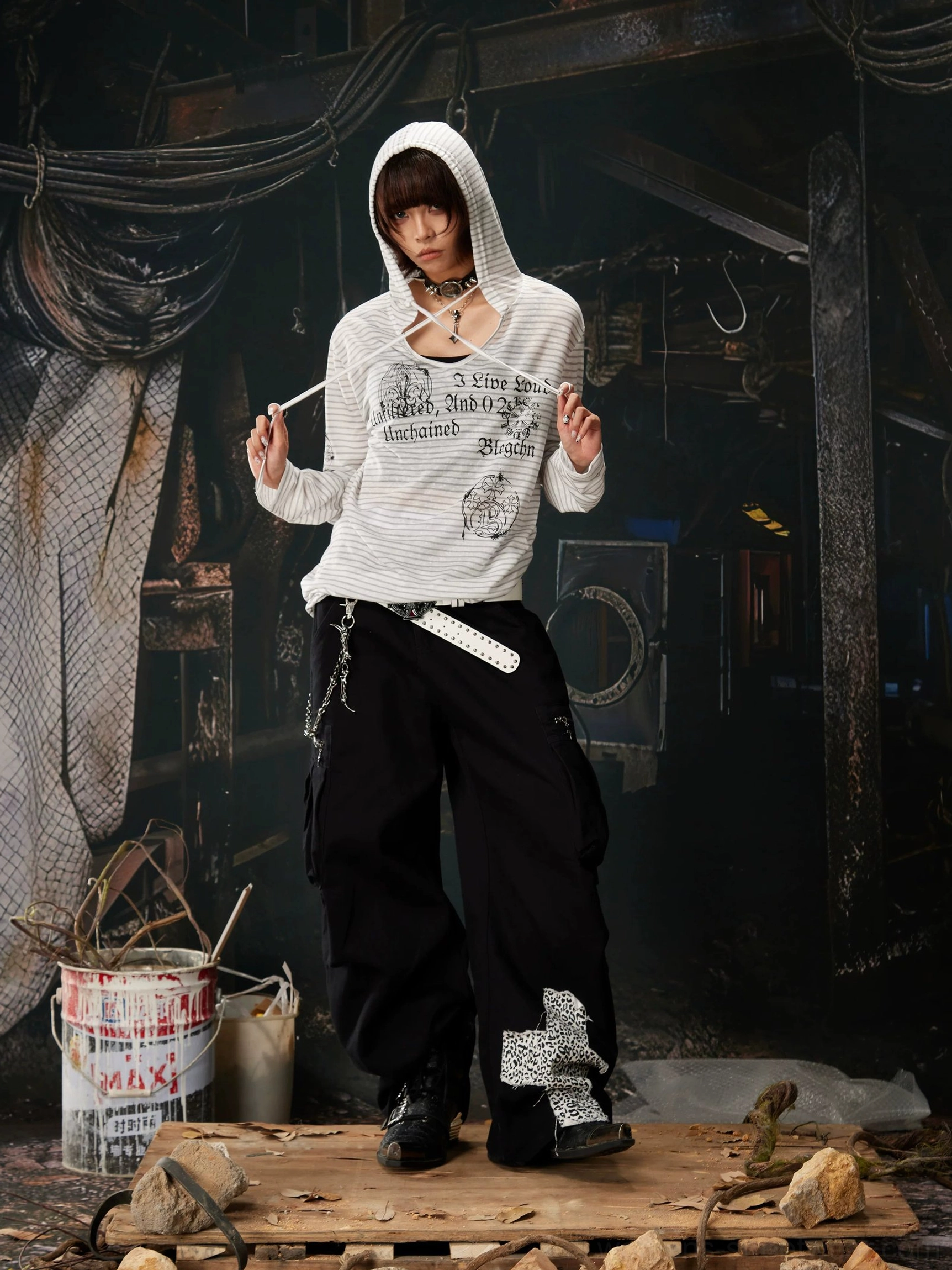 Lightweight striped gothic hooded long sleeve shirt with drawstring hood, V-neck design, and relaxed everyday streetwear fit