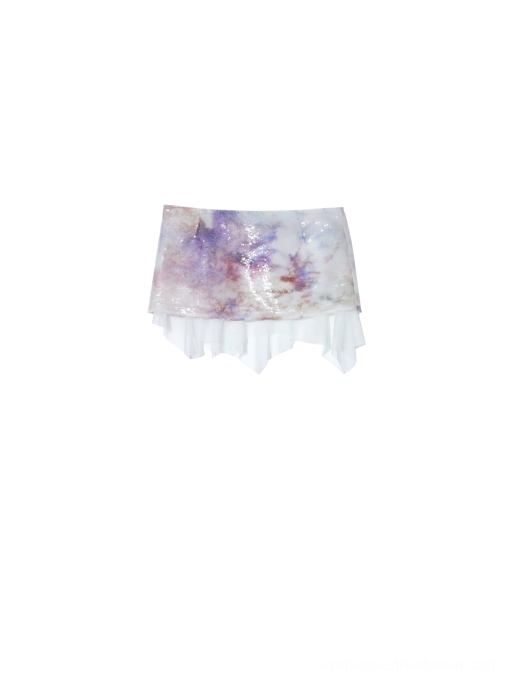 Flat lay product view of a lilac watercolor gradient sequin mini skirt with a low-rise silhouette and irregular white chiffon hem