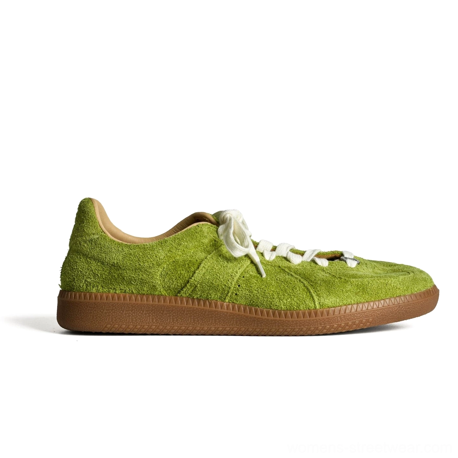 Lime green suede heritage streetwear sneakers with white flat laces and gum rubber outsole shown in a clean side profile