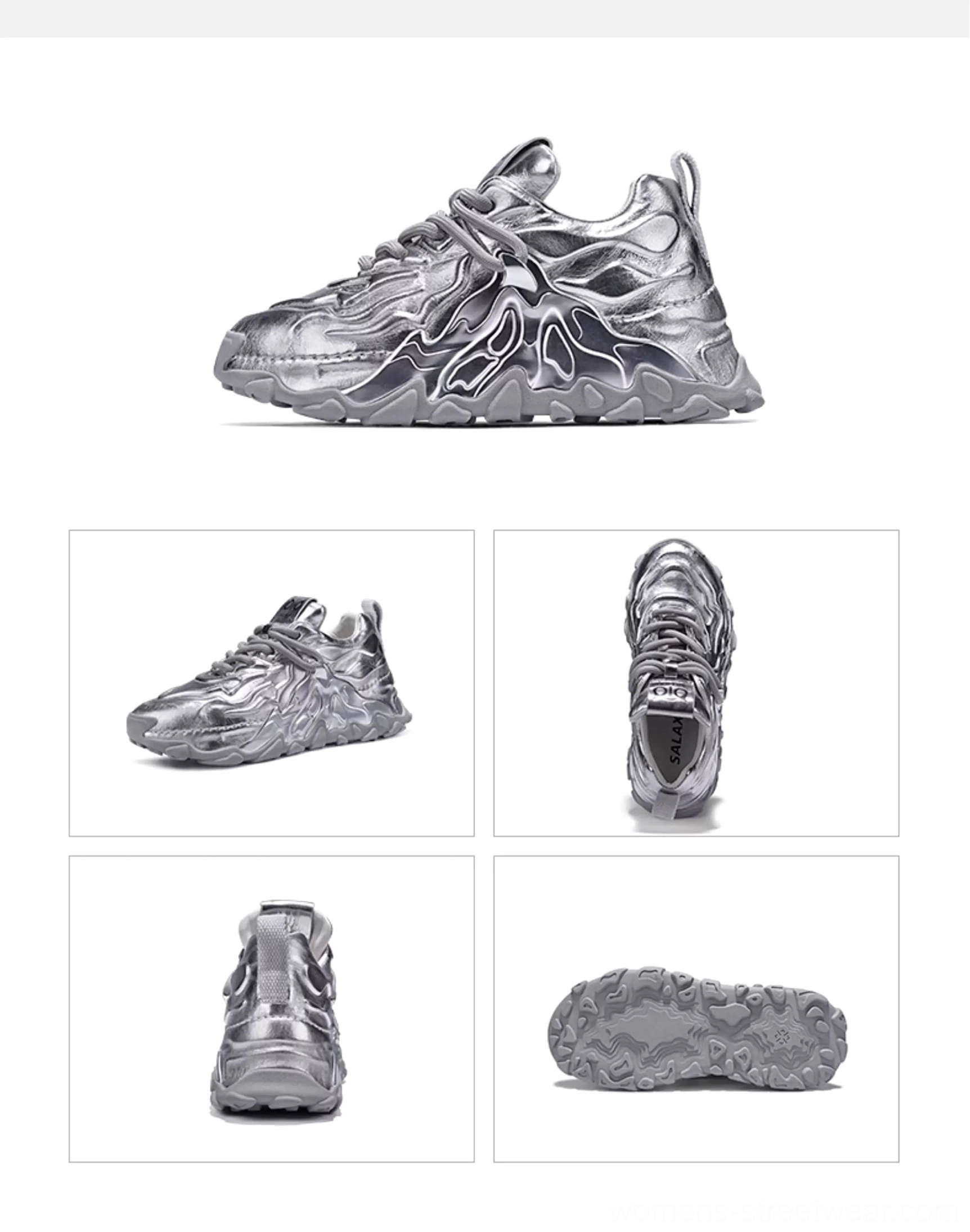 Liquid silver MagmaFlow sculpt chunky sneakers with a futuristic metallic finish and flowing wave textured upper from multiple angles