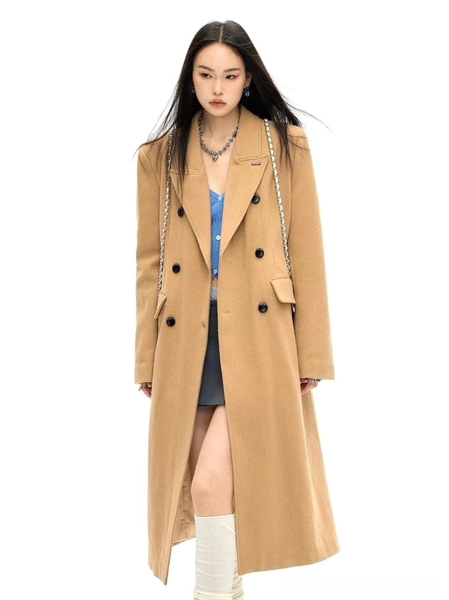 Long 100 percent wool coat with tailored waist and double-breasted button front