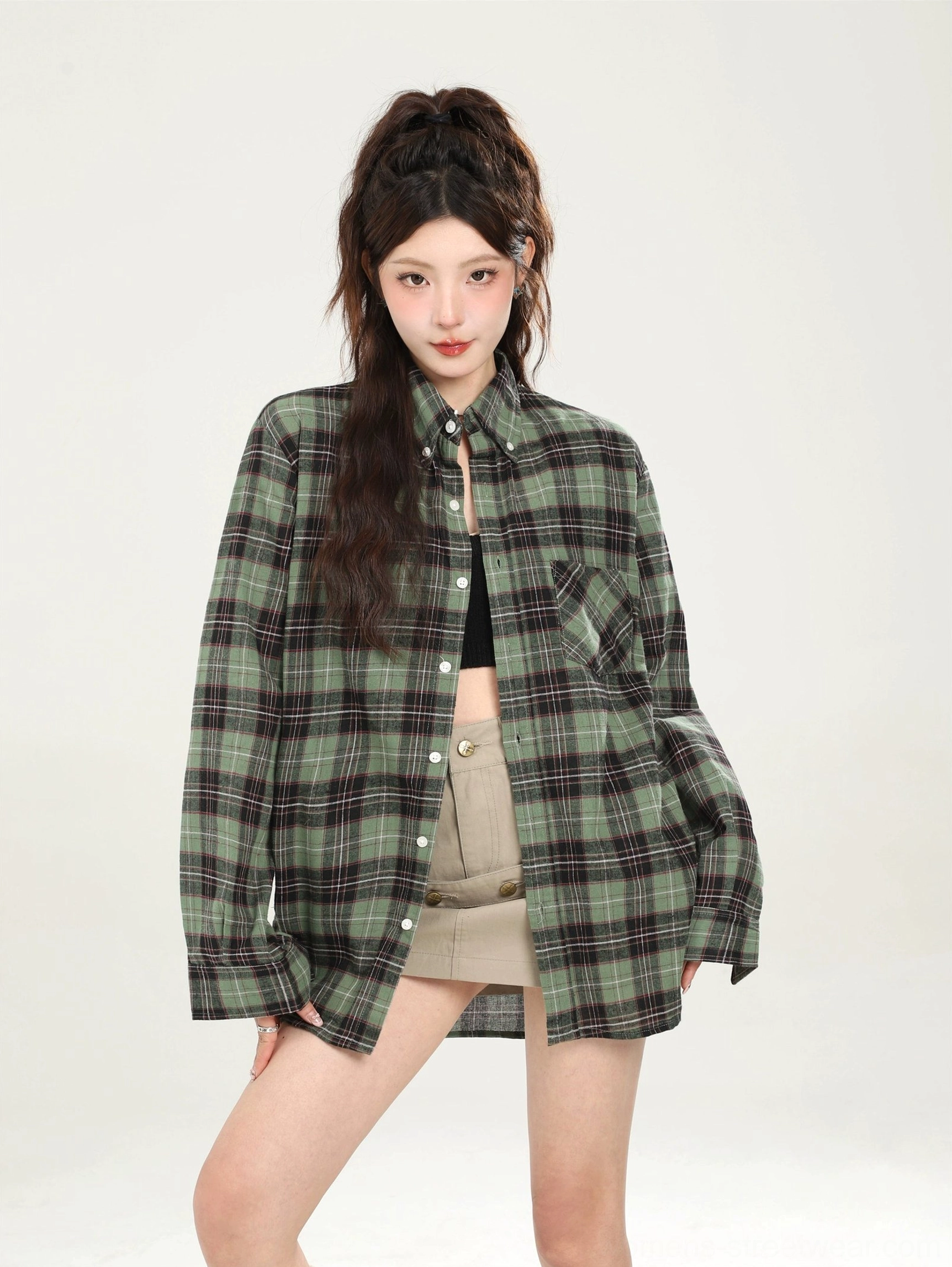 Long sleeve loose plaid button-down shirt Korean style product view 27