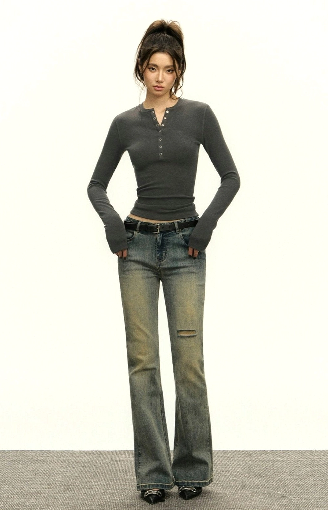 Long-sleeve ribbed crop top with classic Henley crew neck for Y2K, Acubi, and modern streetwear outfits