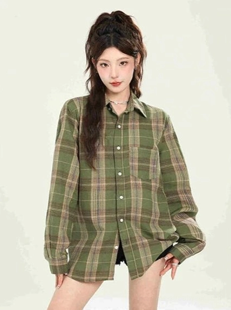 Loose fit plaid boyfriend shirt for women streetwear product view 36