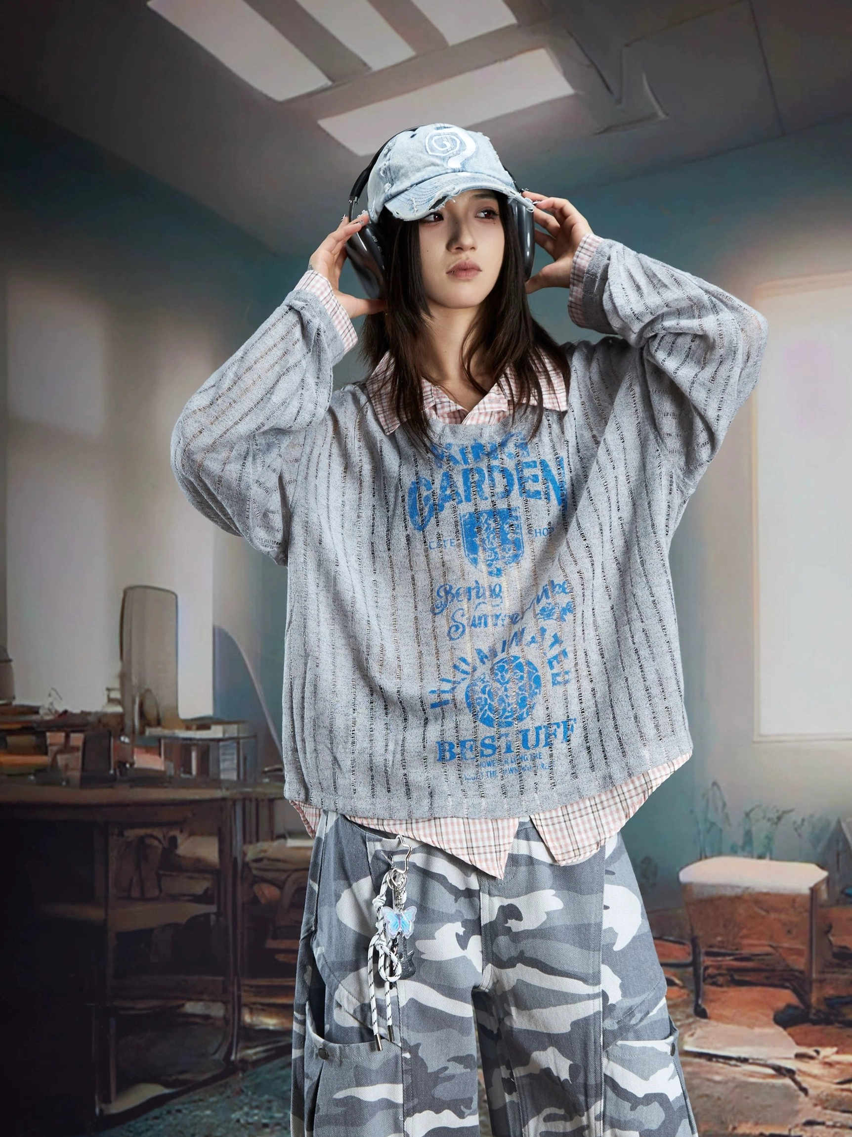 Loose fit vintage print shirt sweater with semi-sheer ribbed fabric, built-in layered collar and hem, designed for Acubi and Seoul street fashion