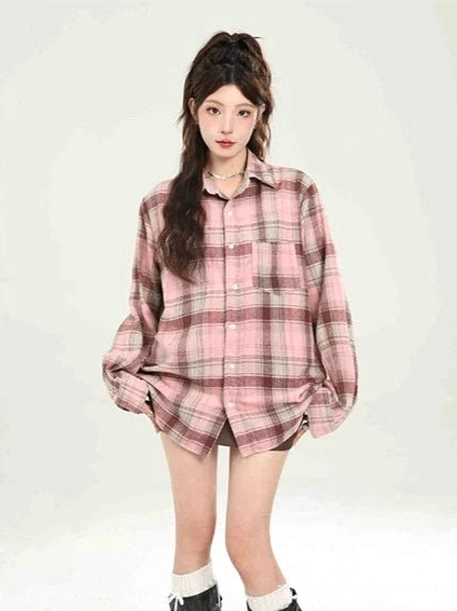 Loose plaid button-down boyfriend shirt with long sleeves product view 32