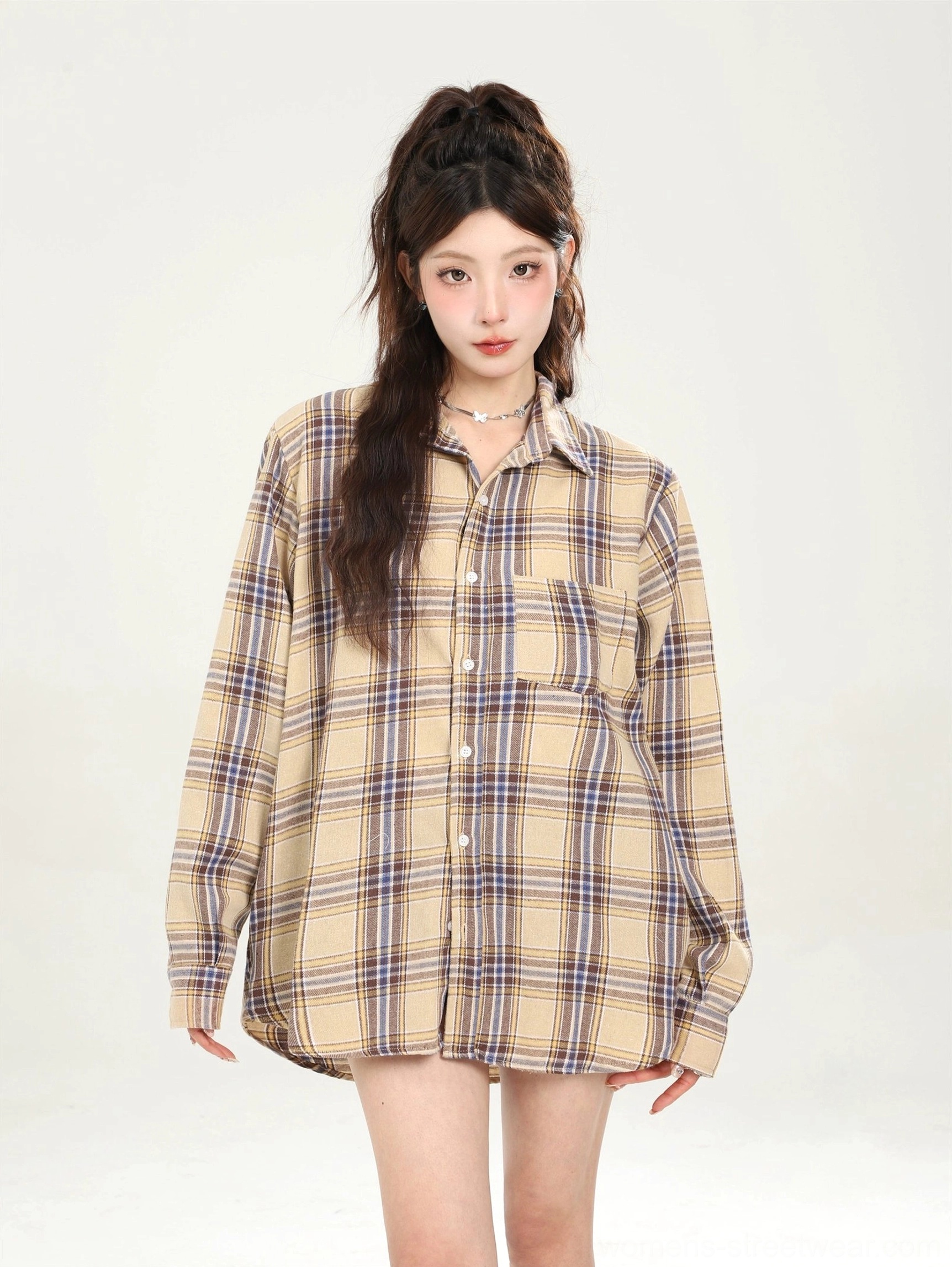 Loose plaid button-down shirt for Y2K and Seoul streetwear outfits product view 14
