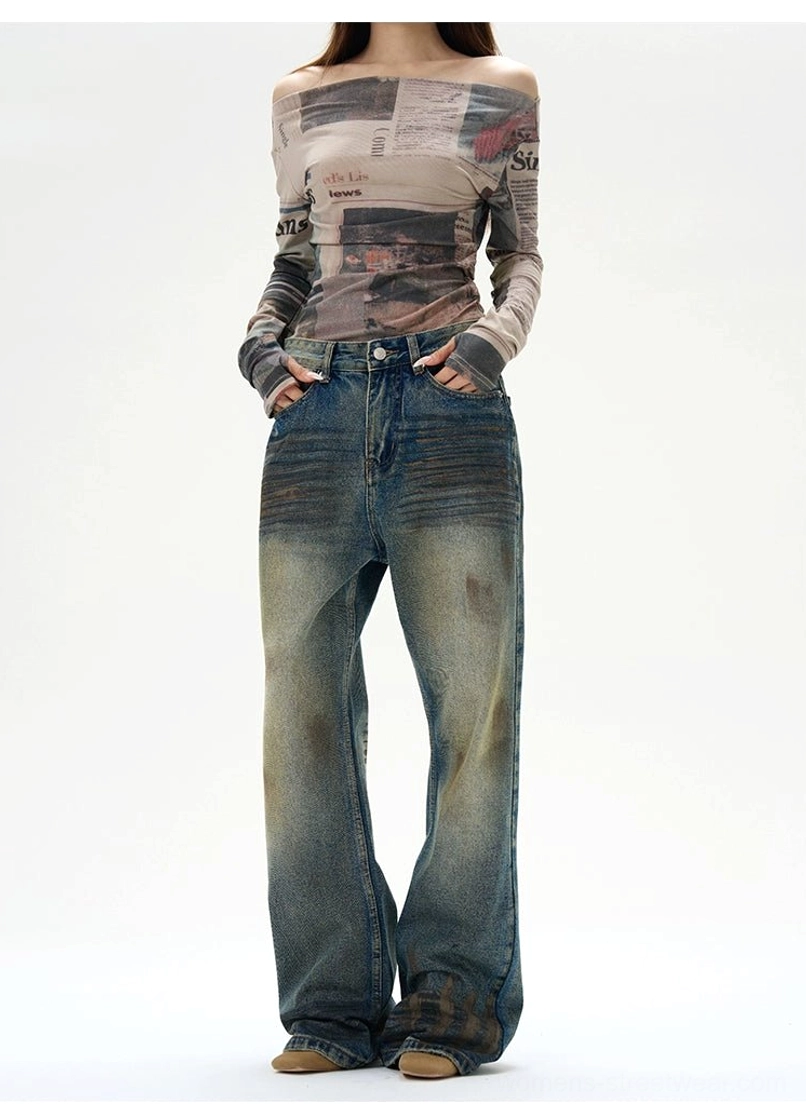 Loose vintage wash ripped jeans with rugged denim texture and casual urban styling for Y2K-inspired outfits