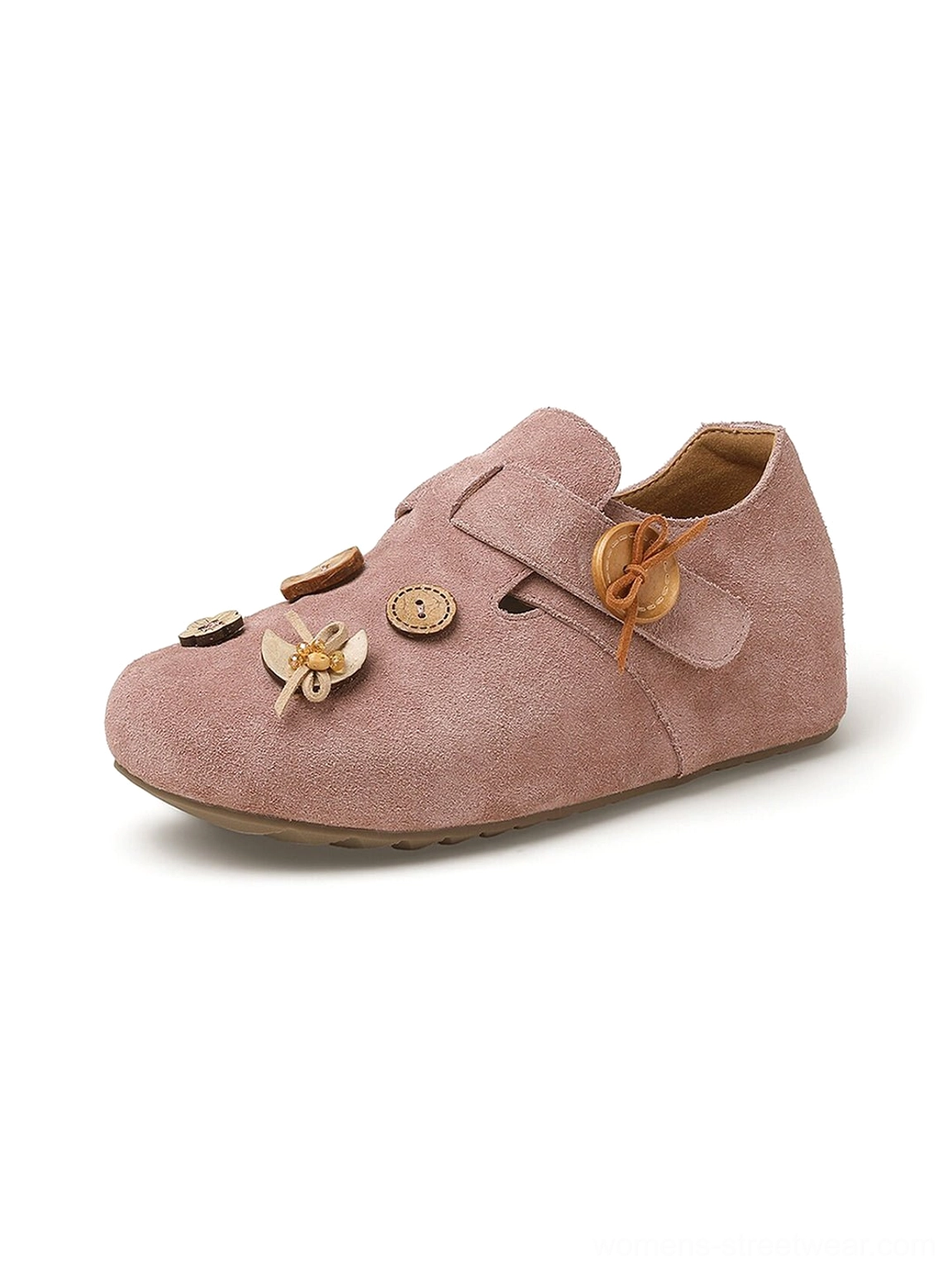 Low-profile suede-look slip-on shoes with rounded toe button strap and relaxed retro streetwear design