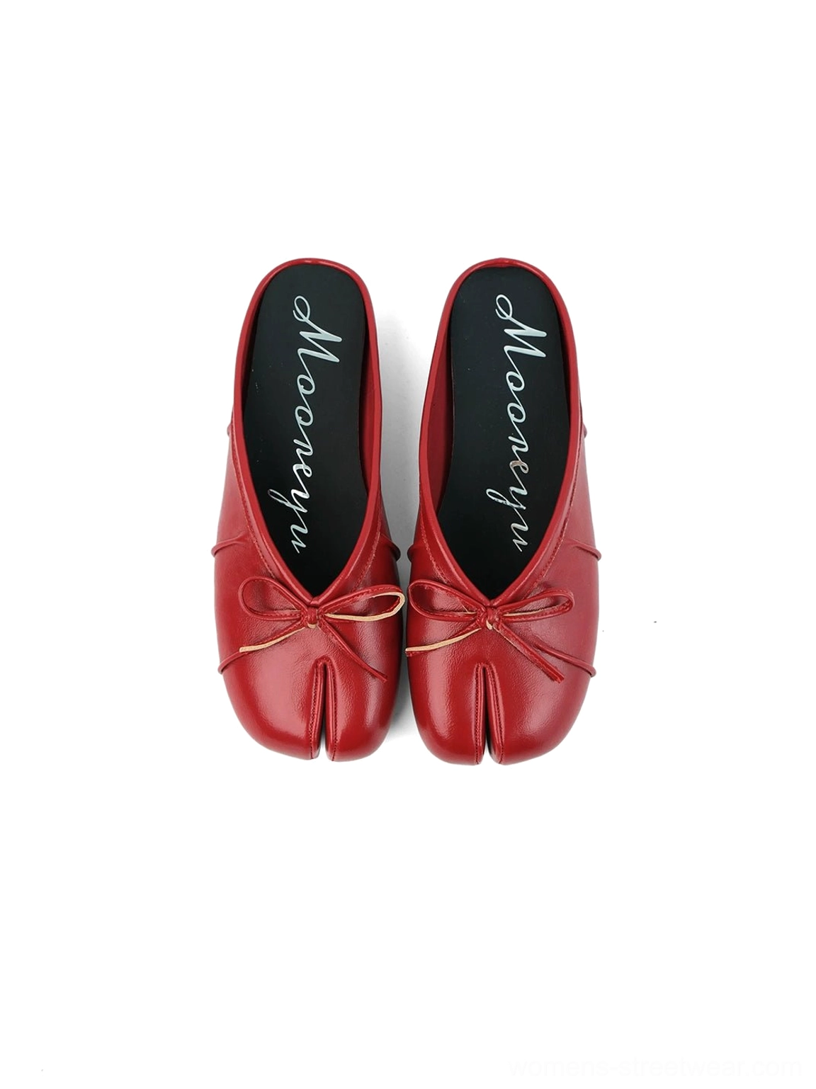 Low-profile tabi toe slip-on mules combining Japanese-inspired split toe design with feminine bow details