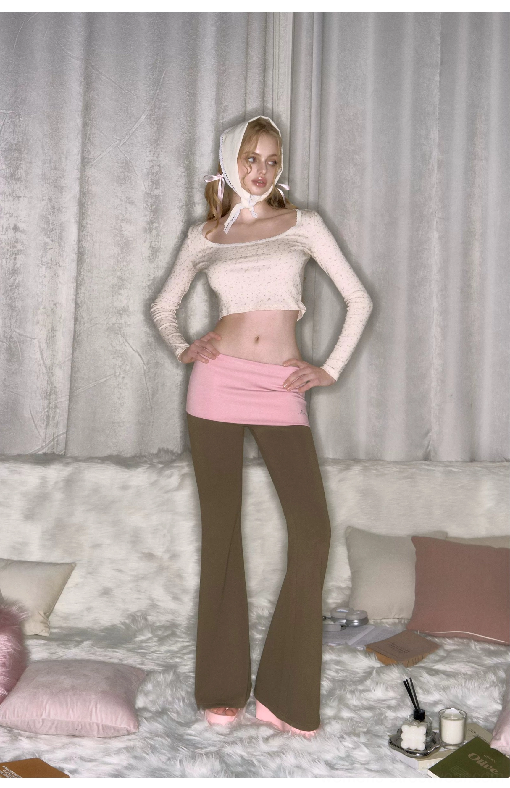 Khaki and pink colorblock low-rise micro flare yoga pants styled for a soft Y2K lounge and streetwear outfit