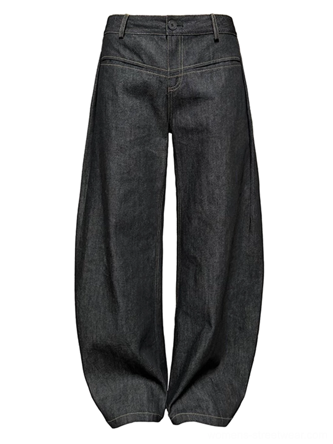 Flat lay back view of low-rise curved raw denim jeans with decorative rear yoke stitching and wide curved legs