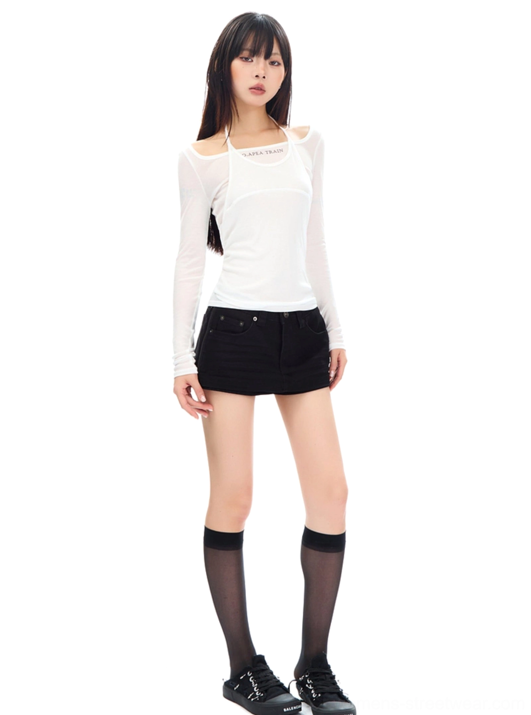 Low-rise denim mini skirt in khaki and black color options designed for Korean fashion and urban streetwear outfits