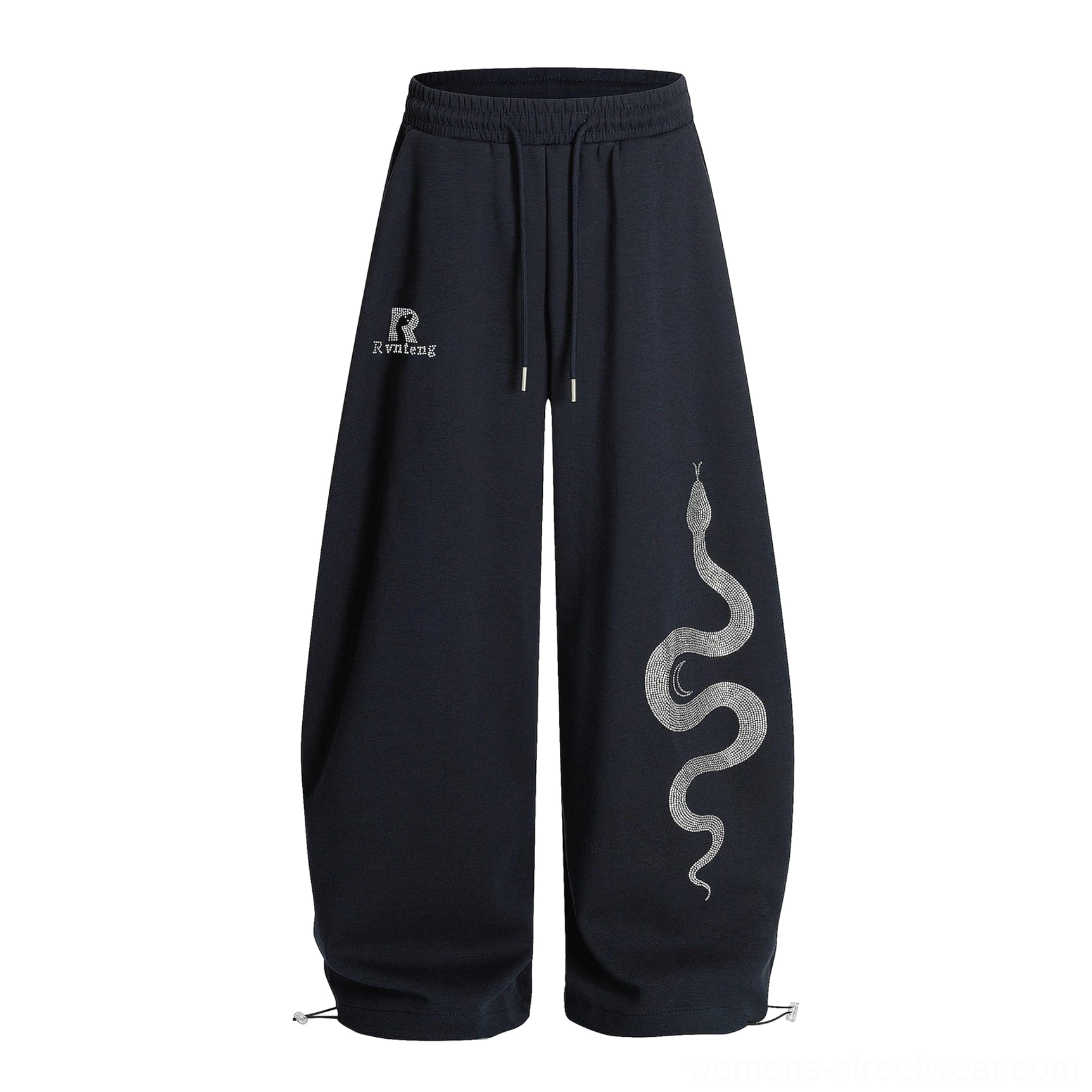 Lunar Serpent Navy Blue Fleece Lined wide-leg sweatpants with oversized silhouette, warm fleece interior, serpent graphic, and Y2K streetwear design