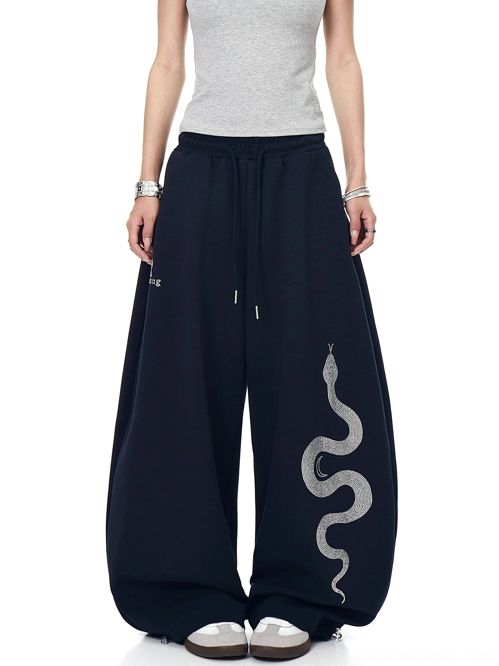 Navy Blue Lunar Serpent oversized fleece sweatpants with silver serpent graphic, elastic drawstring waist, and relaxed Korean streetwear fit