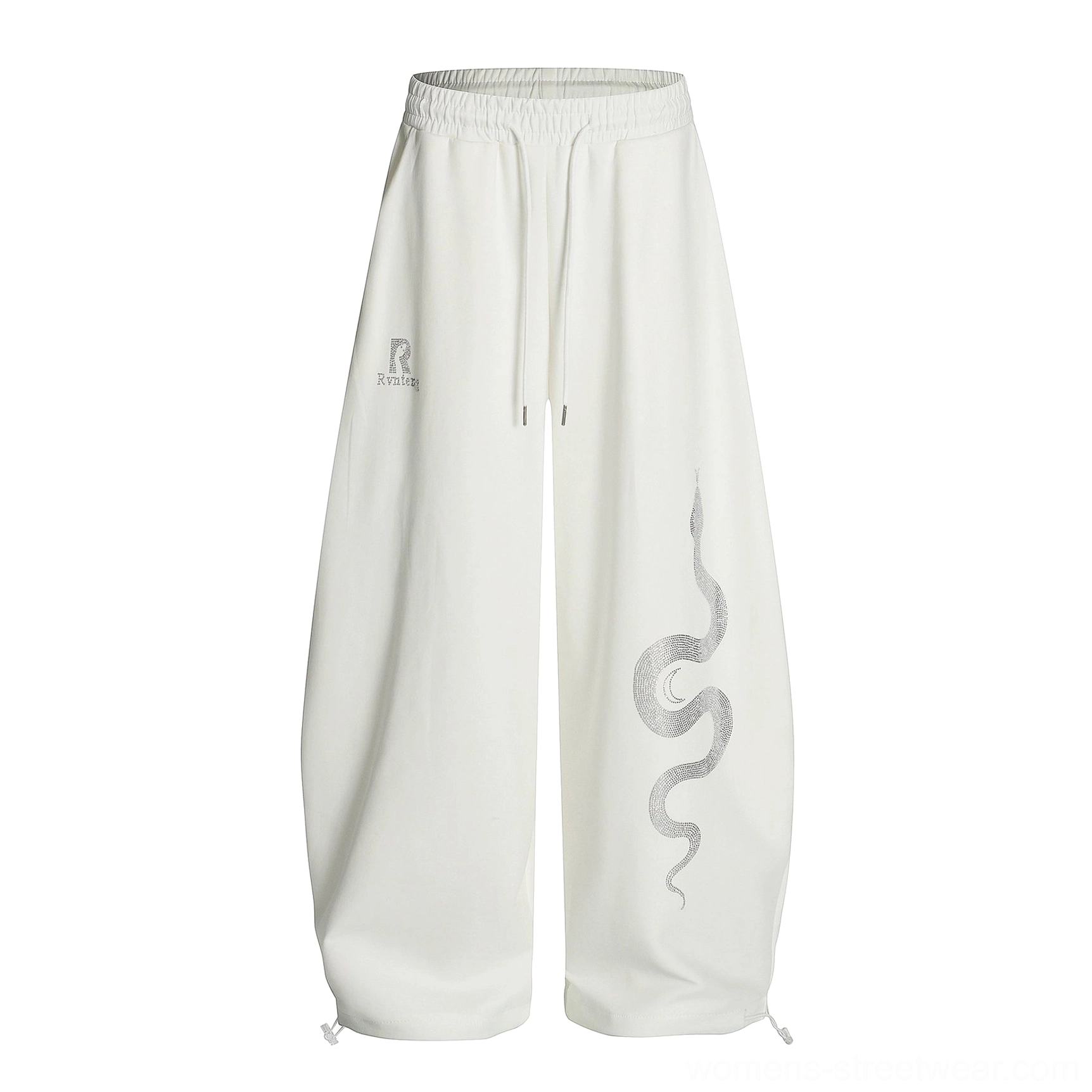Lunar Serpent White Fleece Lined wide-leg sweatpants with oversized baggy fit, comfortable drawstring waist, and contemporary streetwear styling