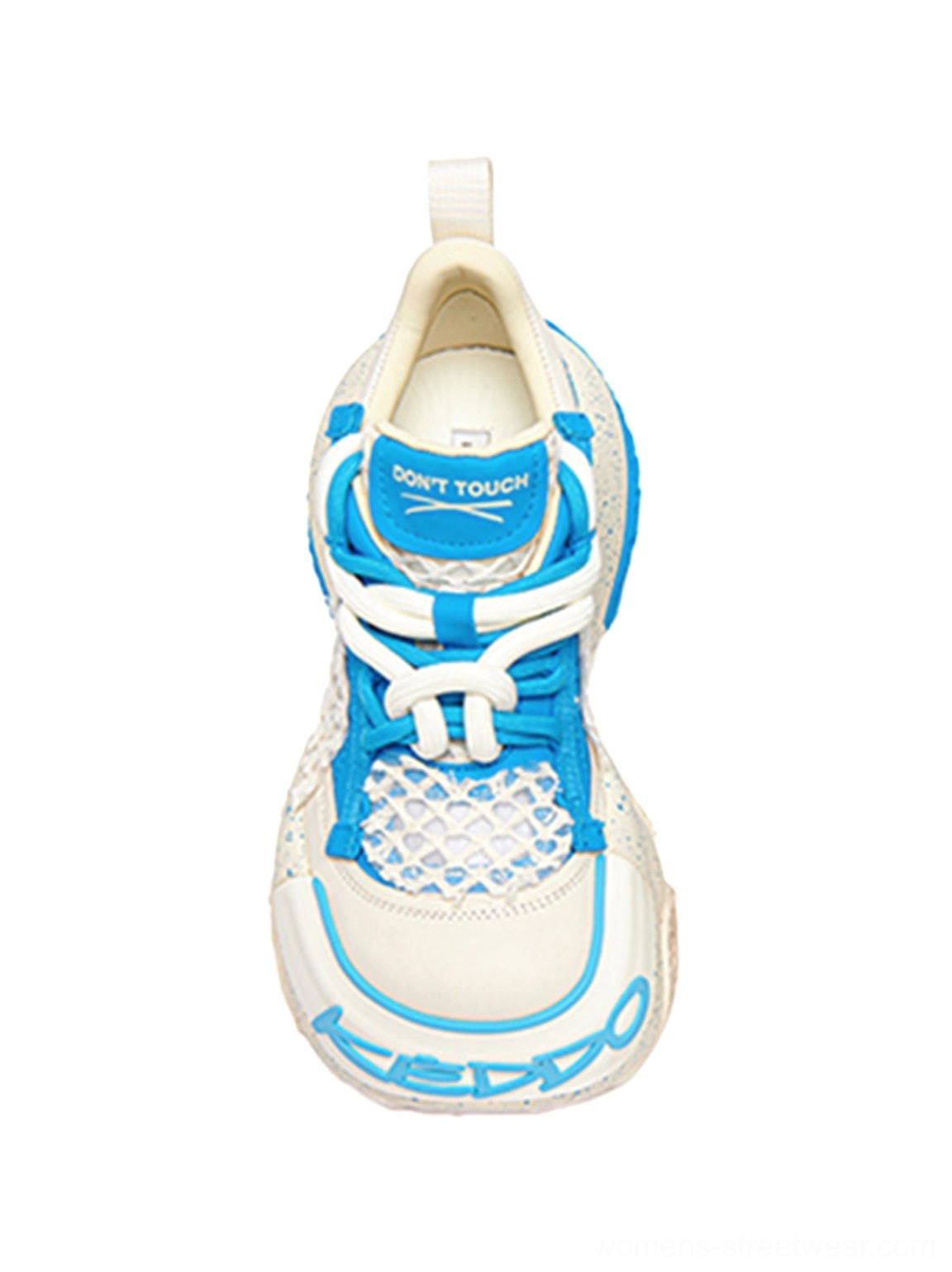 Front close-up of macaron blue mesh chunky dad sneaker showing breathable mesh tongue blue laces and speckled platform sole