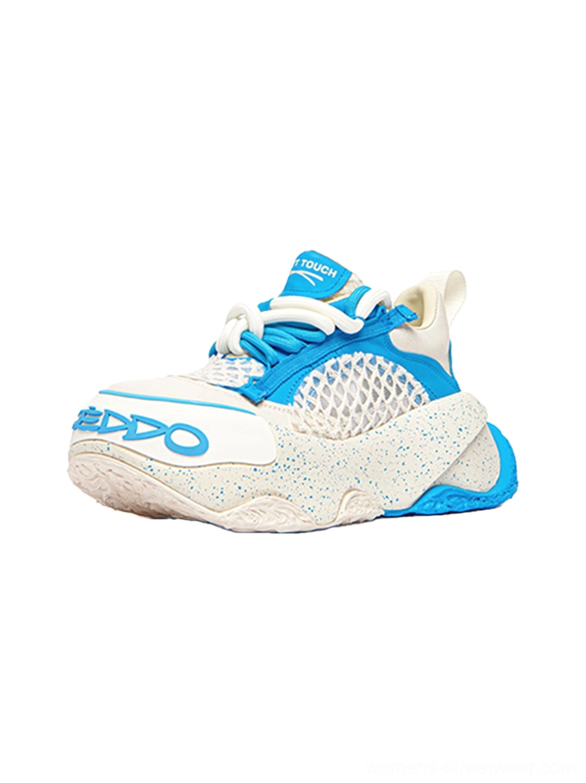 Macaron blue mesh chunky dad sneaker in front three-quarter view featuring lace-up closure graphic toe lettering and thick outsole