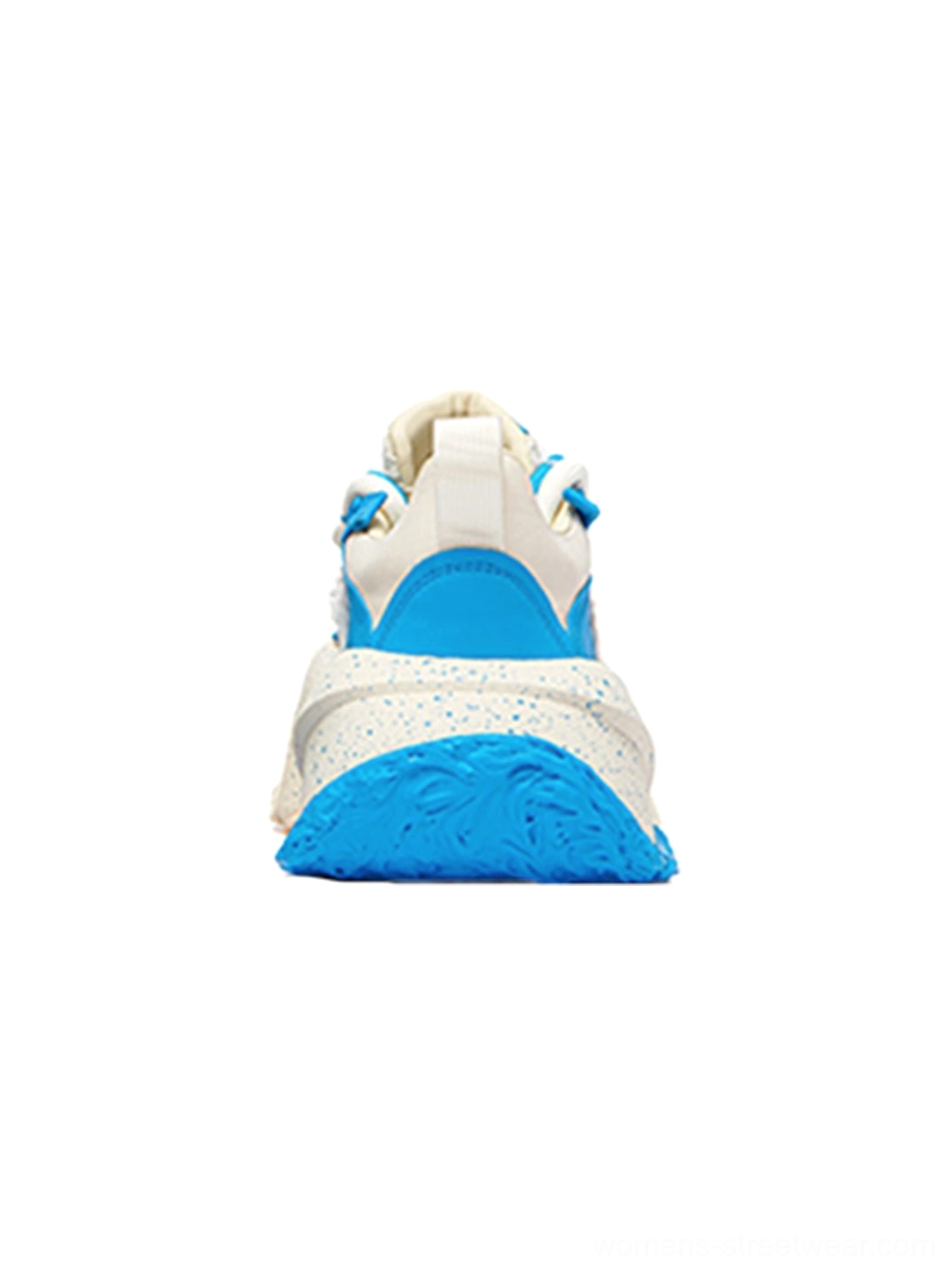 Rear heel view of macaron blue mesh chunky dad sneaker with blue heel counter pull tab and segmented outsole