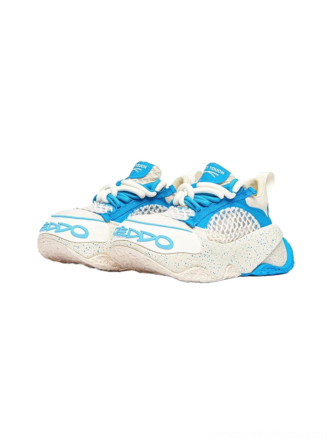 Pair of macaron blue mesh chunky dad sneakers displayed from the side showing blue leather overlays and paint-speckled midsoles