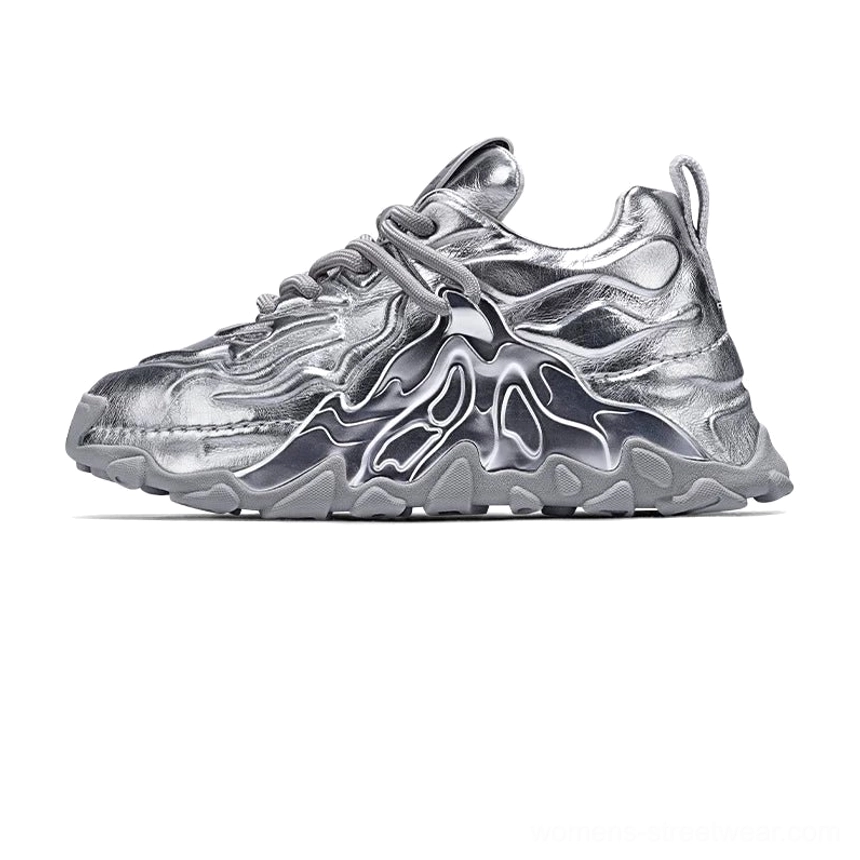 MagmaFlow sculpt chunky sneakers in liquid silver with a futuristic 3D wave silhouette and durable platform streetwear outsole