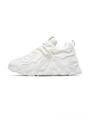 White MagmaFlow sculpt chunky sneakers with a futuristic molten wave leather upper and thick non-slip streetwear outsole in side front view