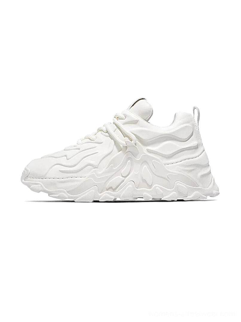 White MagmaFlow sculpt chunky sneakers with a futuristic molten wave leather upper and thick non-slip streetwear outsole in side front view