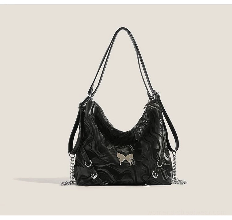 Black marbled butterfly chain hobo shoulder bag with black straps and silver Y2K chain accents