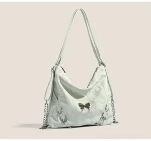 Mint green marbled butterfly chain hobo shoulder bag with silver hardware front angled view