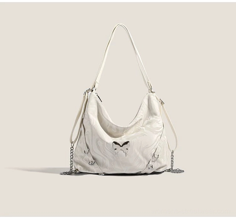 Off white marbled butterfly chain hobo shoulder bag with glossy PU finish and silver-tone hardware
