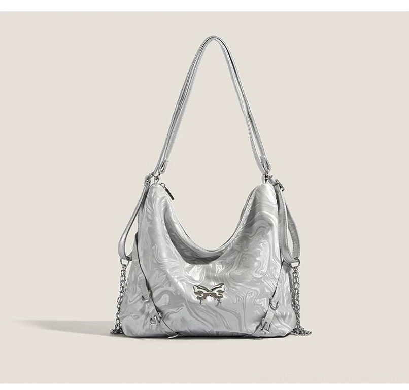Silver grey marbled butterfly chain hobo shoulder bag front view with metallic hardware and chain details