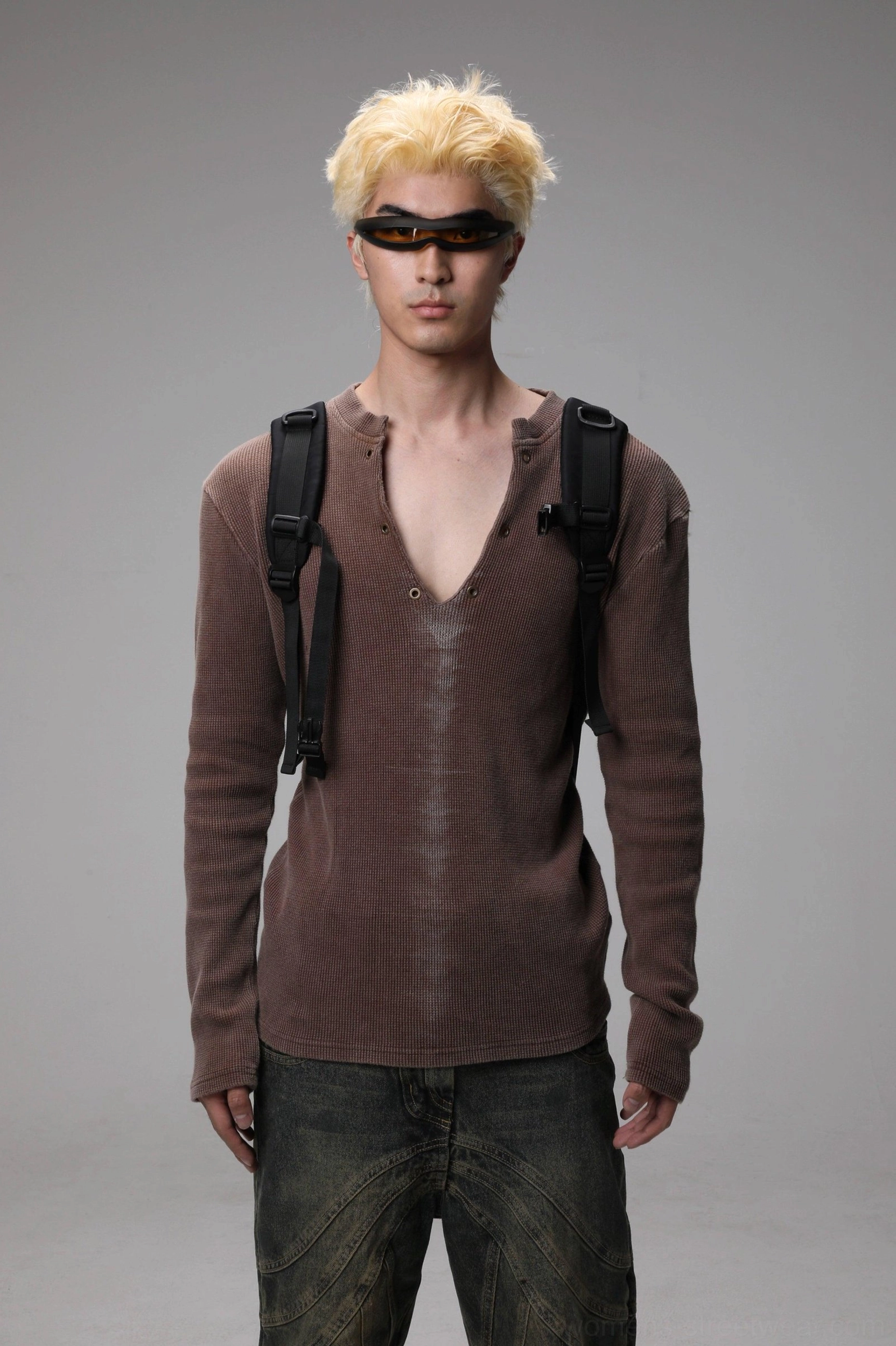 Maroon washed Henley knit sweater with distressed texture and buttoned V-neck Seoul streetwear design