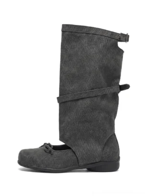 Black washed denim Mary Jane mid-calf sandal boots with folded shaft, double buckle straps, square toe and bow detail