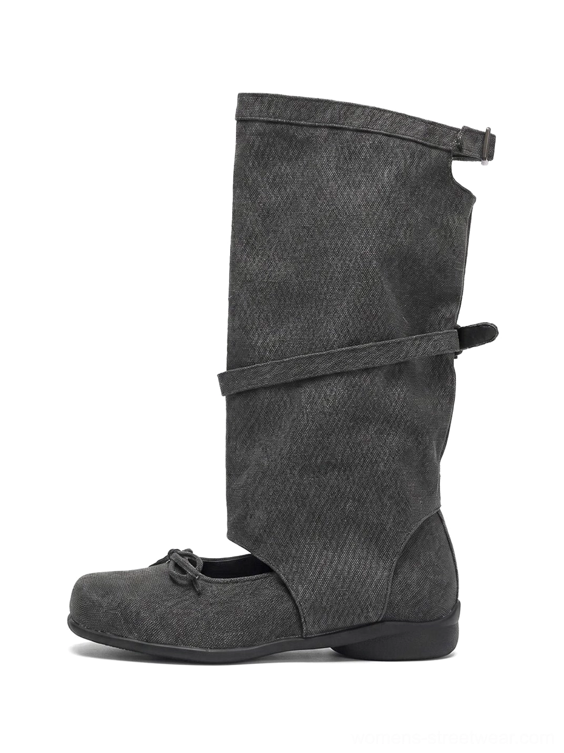Black washed denim Mary Jane mid-calf sandal boots with folded shaft, double buckle straps, square toe and bow detail