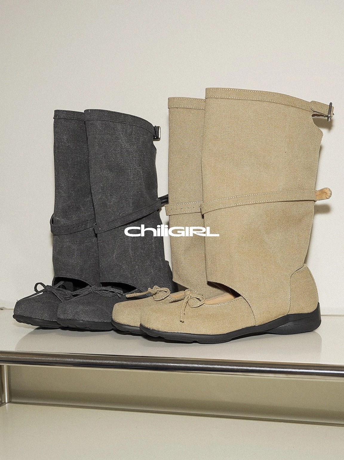 Mary Jane fold-over denim boots in versatile black and khaki colorways for Seoul-inspired everyday styling