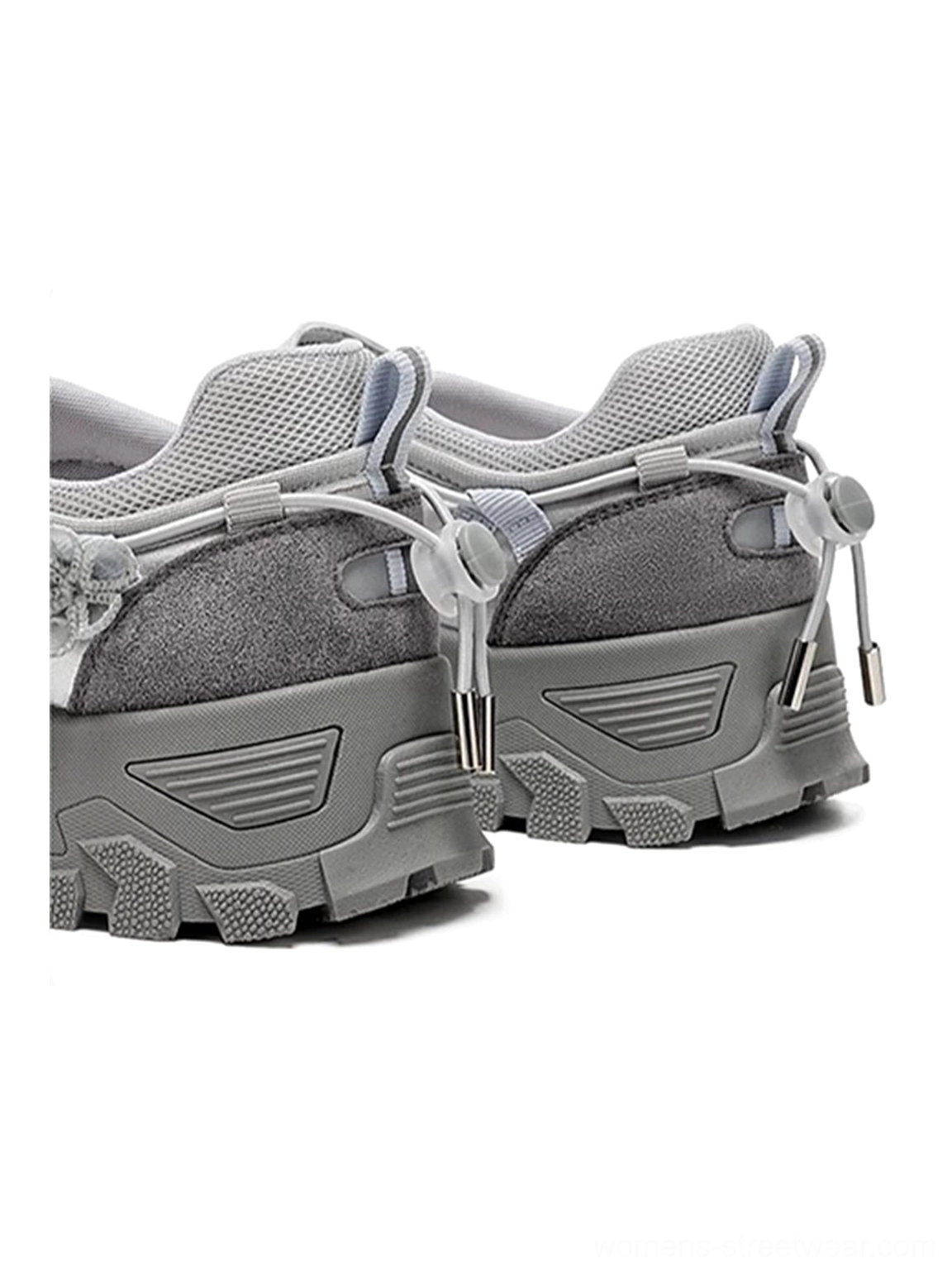 Close-up top rear view of Mary Jane platform sneakers with breathable mesh heel drawstring and rugged textured sole