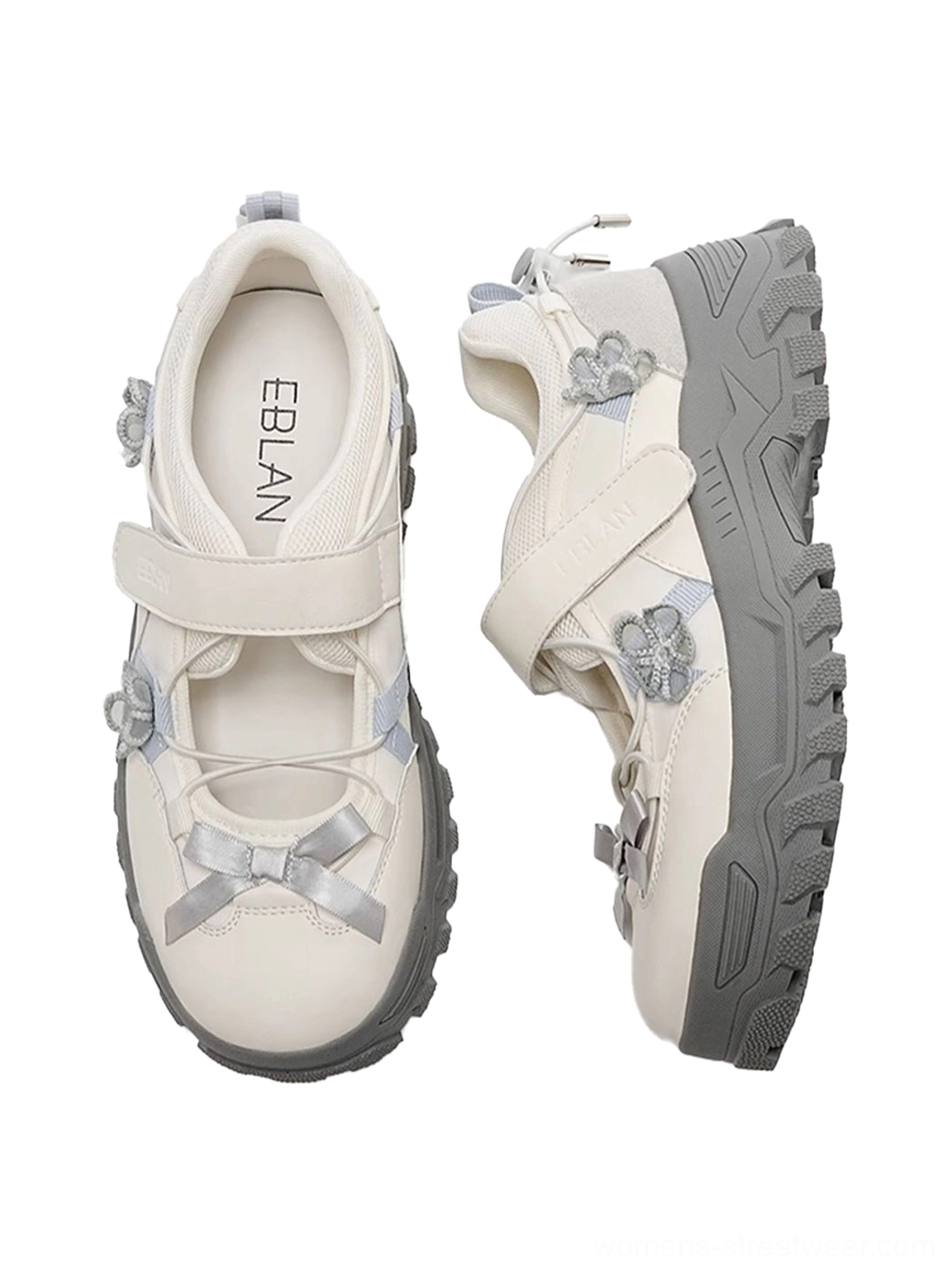 Front and side view of chunky Mary Jane platform sneakers showing bow details thick outsole and structured streetwear shape