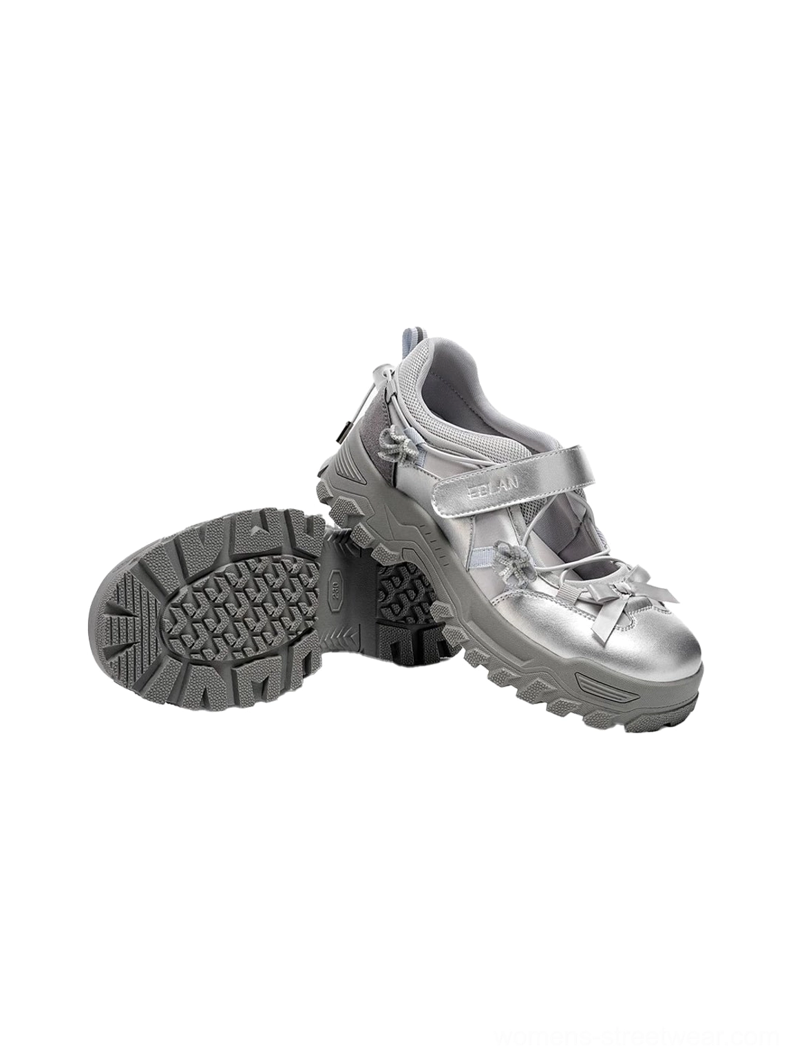 Mary Jane platform sneakers product detail showcasing chunky streetwear silhouette Velcro strap bow accents and textured sole