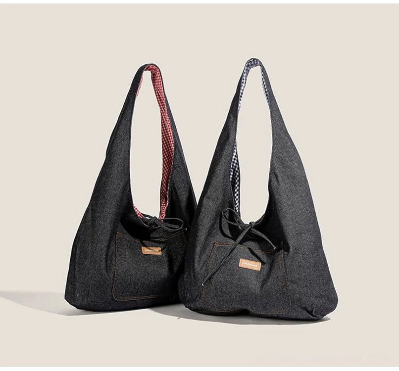 Pair of matching dark denim gingham lined sling tote bags with front patch pockets and drawstring closures